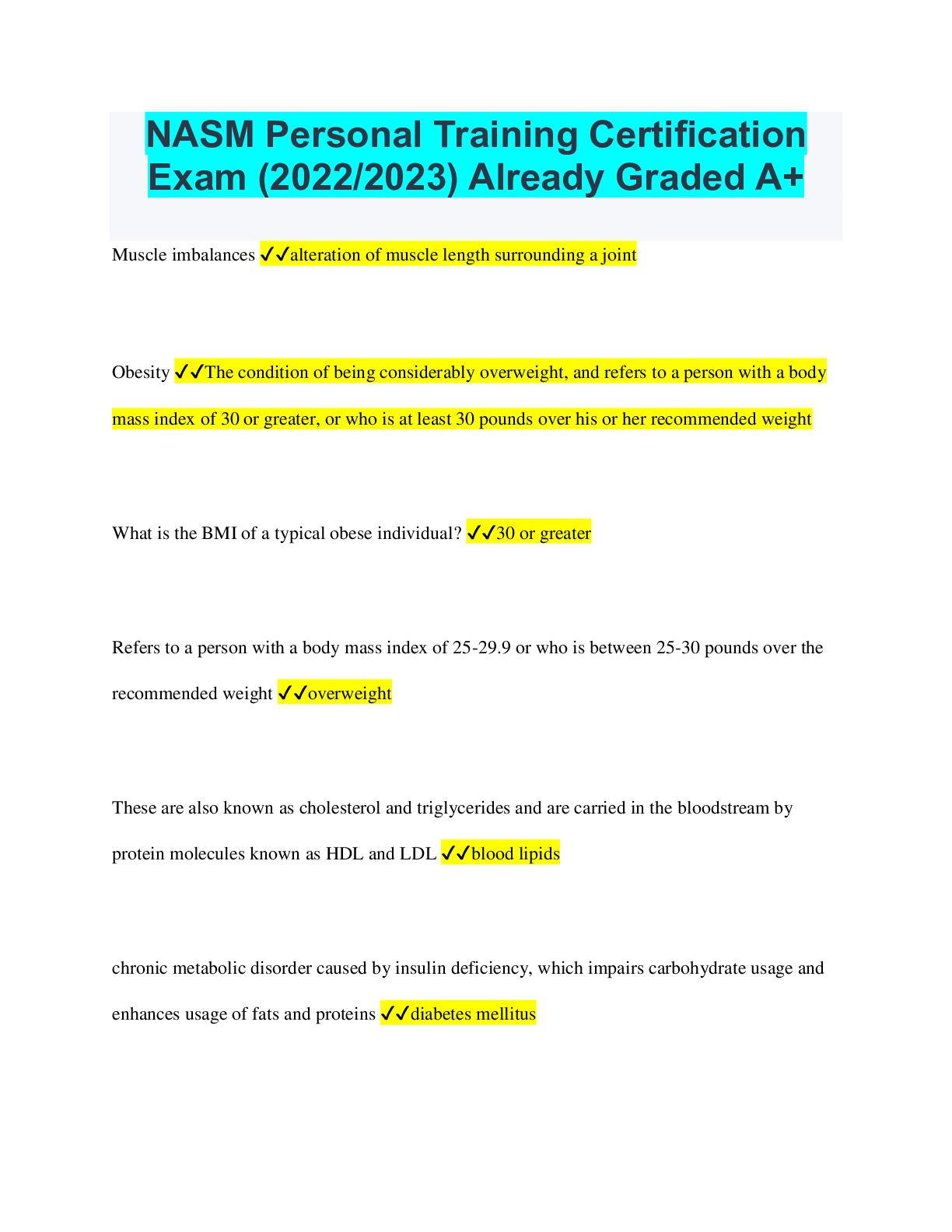 Preview of NASM Personal Training Certification Exam (2022/2023) Already Graded A+